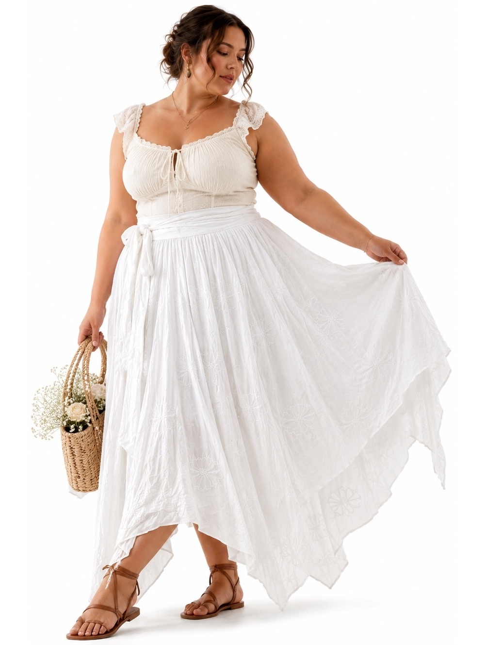 MKM Designs White Embroidered Floral Wrap Maxi Skirt Cottagecore Boho 2X Plus